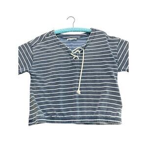 Jane + Delancey Women's Blue White Striped Print Short Sleeves Blouse Top Size M